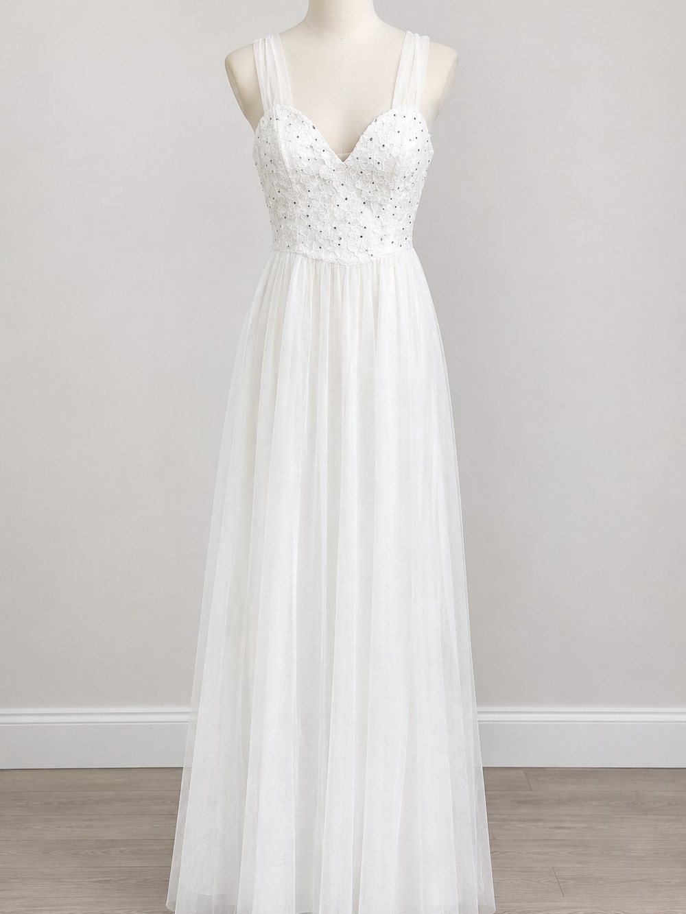 White Beaded Tulle Gown - Women's Dress